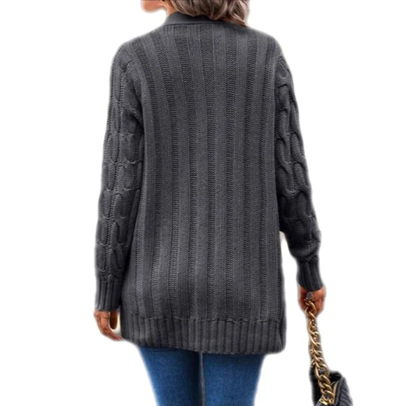 Womens Deep Gray Cable-Knit V-Neck Button Cardigan Size S Vrkufie New! - Picture 2 of 7